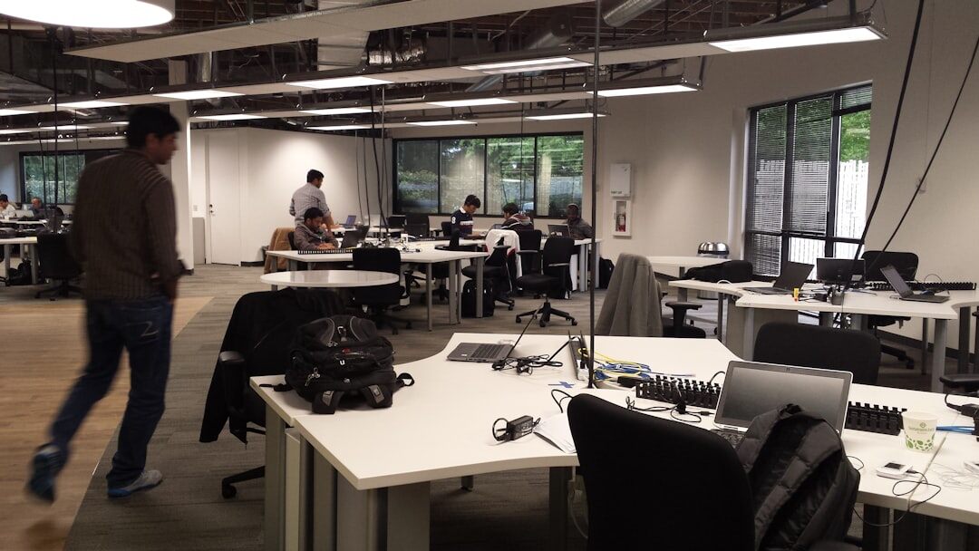 Future office design with open collaborative spaces