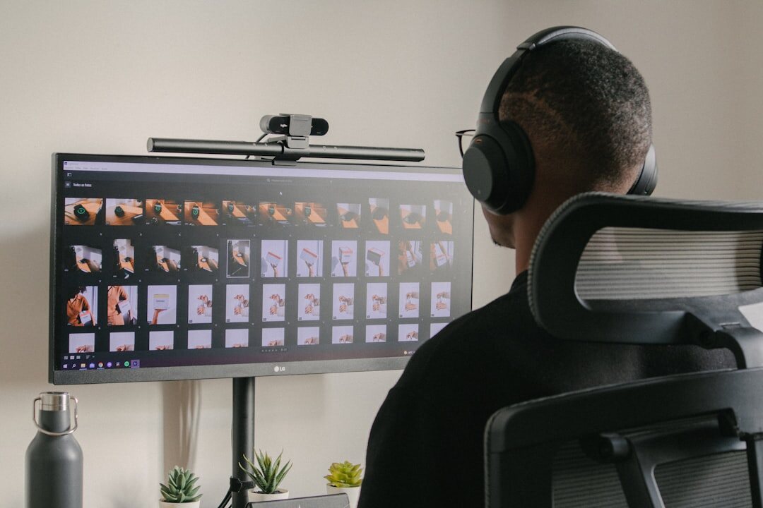 Video editor working on footage at desk